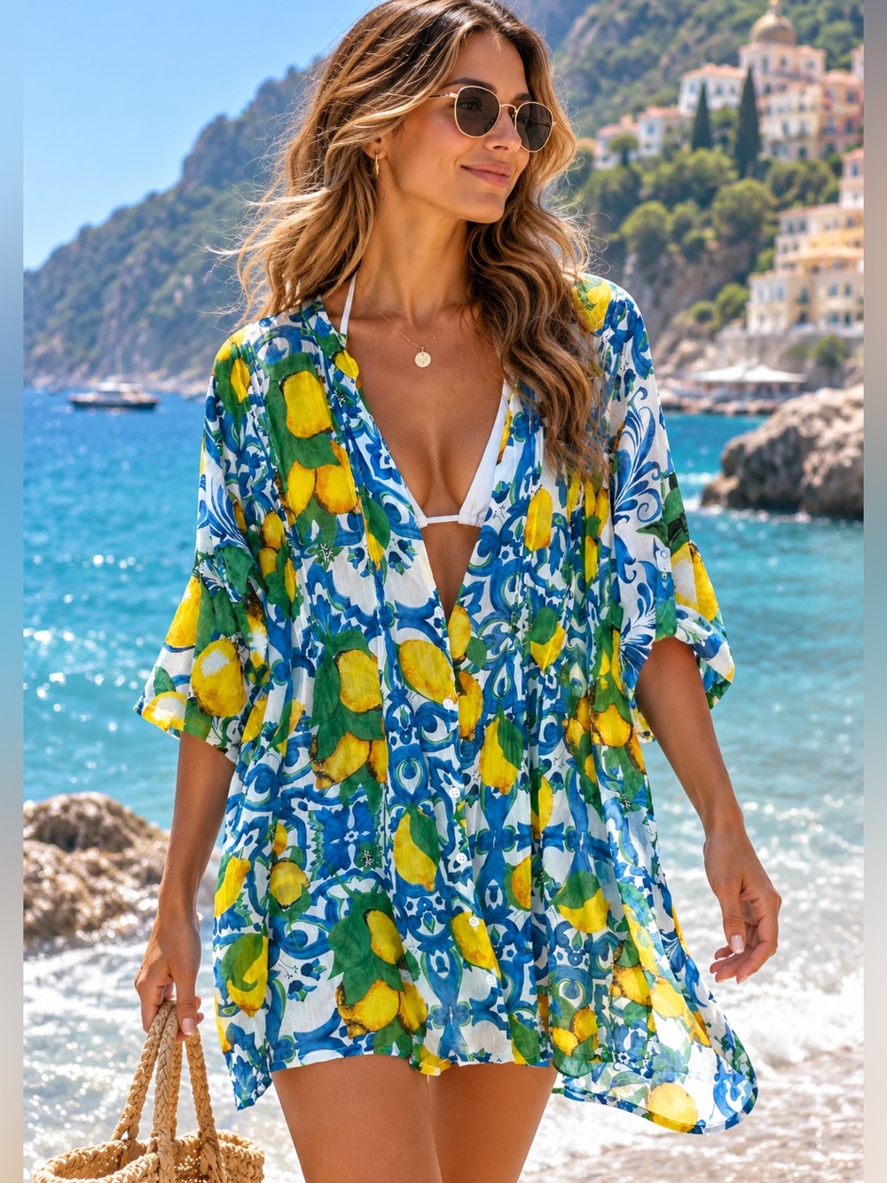 Divina Costiera Free Size Lemon Cotton Swim Cover Up Italian Resort